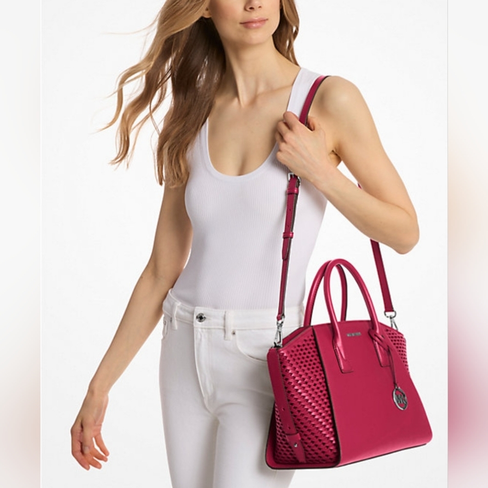 Michael Kors Avril Large Woven Leather Sachel , Dark Raspberry